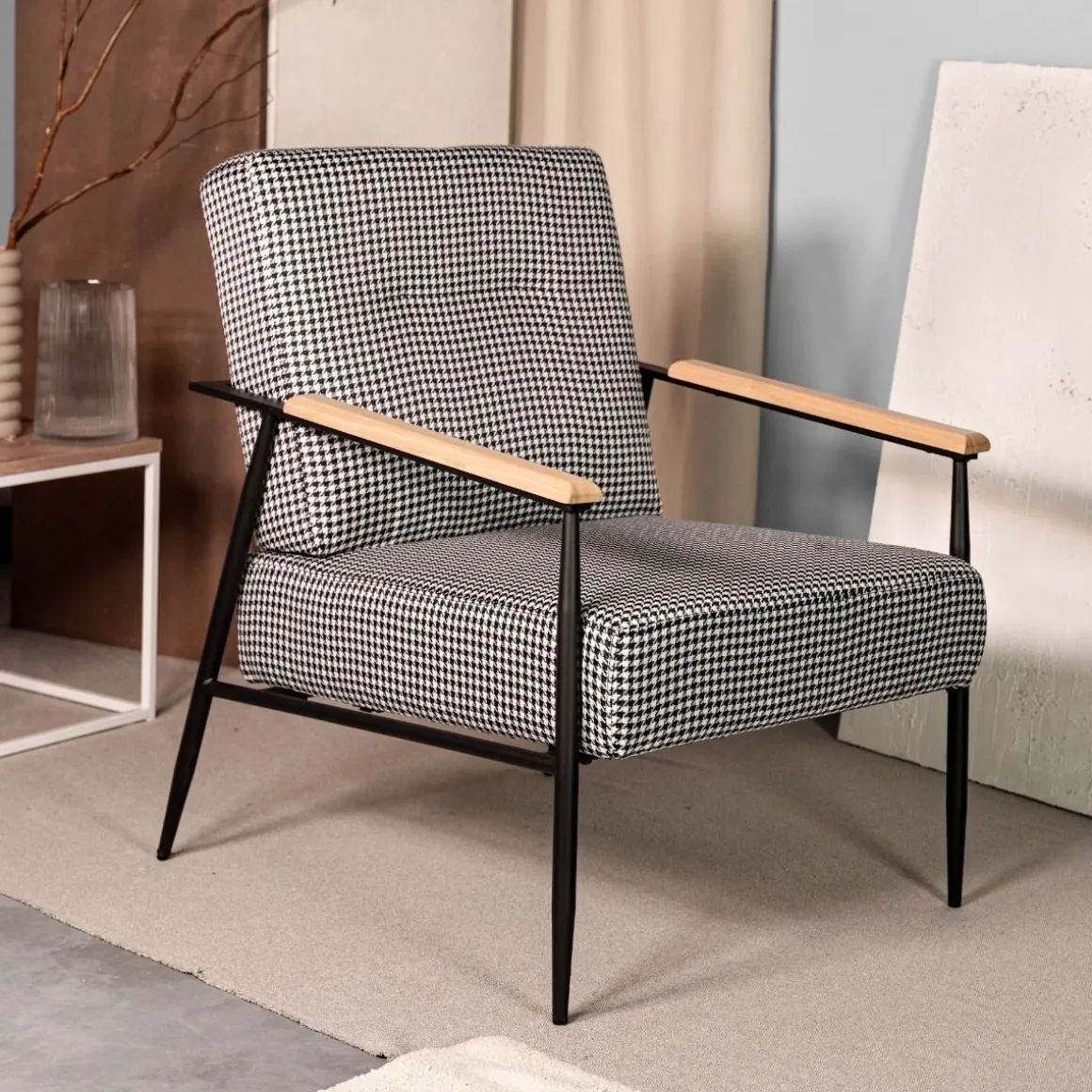 Fotel Veludo Bialy W Czarna Pepitke 71X70X83 Cm