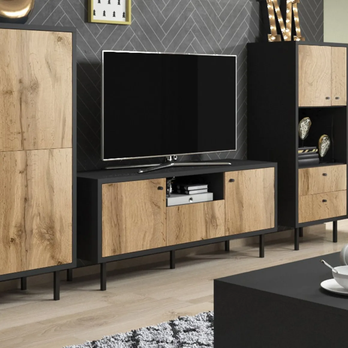 Szafka Rtv Tivoli! Czarny/Dab Wotan 140X42X65 Cm